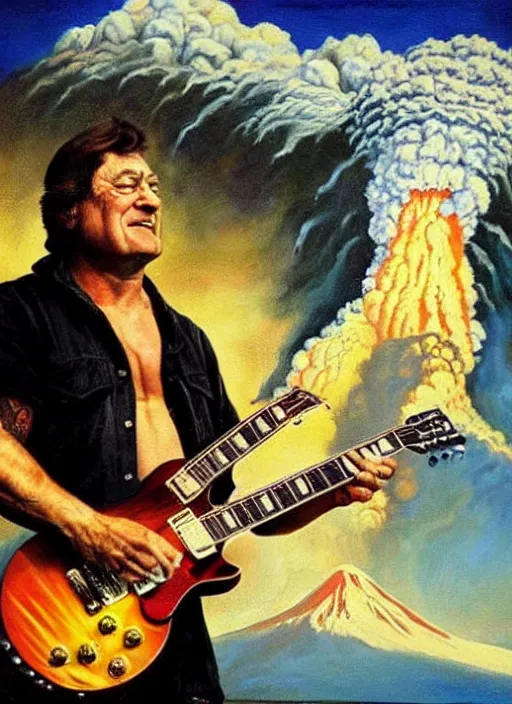 Prompt: john goodman shredding on a gibson les paul, painting by frank frazetta, heavy metal artwork, bad motherfucker playing a face - melting solo while a volcano erupts
