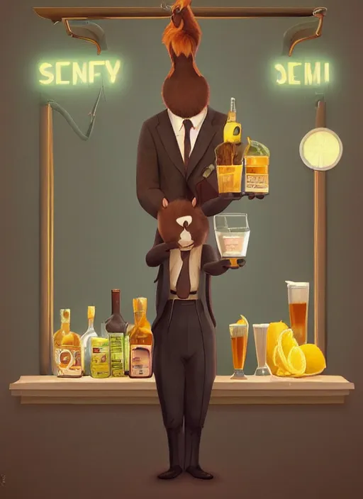 Prompt: squirrel anthro as a dapper bartender with a big, fluffy tail, retro futurism, art deco, detailed, painterly digital art by WLOP and Cory Loftis, 🐿🍸🍋, furaffinity, trending on artstation HD