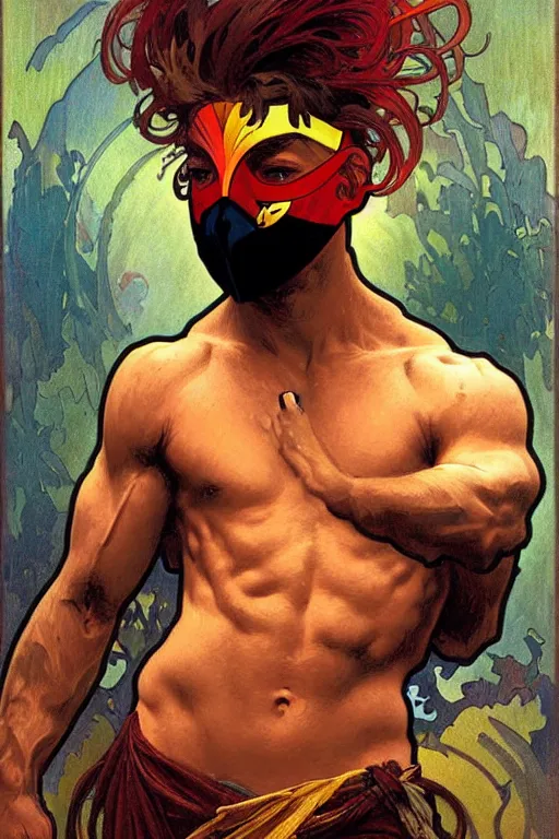 Image similar to A man wearing colorful mask, hair like fire, muscular, painting by greg rutkowski and alphonse mucha