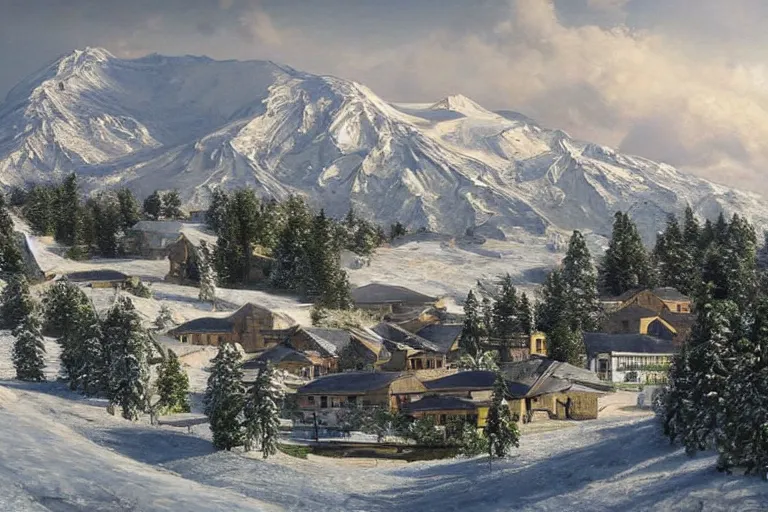 Image similar to cottege settlement with lots of trees on the foot of the Elbrus mountain mountain covered by snow, architecture, matte painting, high details, ecofuturism,