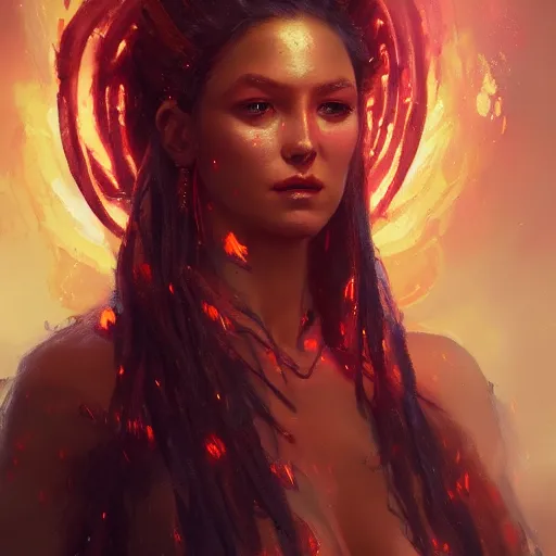 Image similar to a beautiful portrait of a fire goddess by greg rutkowski and raymond swanland, trending on artstation, flaming background, ultra realistic digital art