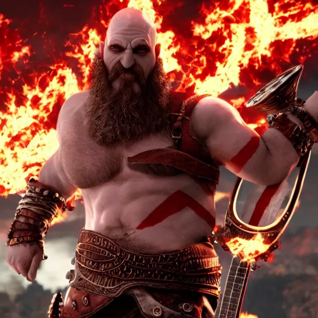 Prompt: sunglasses wearing kratos rocking out on a flaming fender guitar, cinematic render, god of war 2 0 1 8, playstation studios official media, sunglasses, lightning