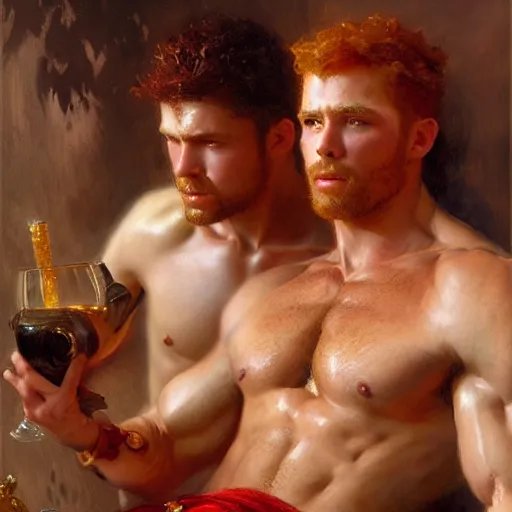 Prompt: attractive muscular mike with ginger hair with muscular attractive tyler with brunet hair, drinking their hearts out, in their noble mansion. highly detailed painting by gaston bussiere, craig mullins, j. c. leyendecker 8 k