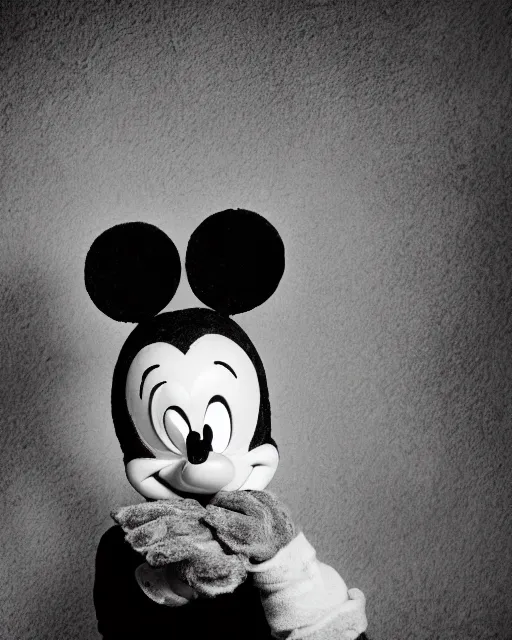 Prompt: A black-and-white studio portrait of a threatening-looking Mickey Mouse in the style of a horror movie; bokeh, 90mm, f/1.4