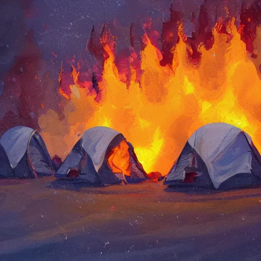 Image similar to a camp with tents on fire, burning down, shadows of 3 girls watching the camp burn, snow, painted by Sylvain Sarrailh