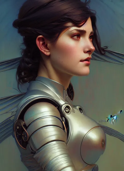 Image similar to portrait of mechanical angel, beautiful girl, intrigante, headshot, highly detailed, digital painting, artstation, concept art, sharp focus, cinematic lighting, illustration, art by artgerm and greg rutkowski, alphonse mucha, cgsociety