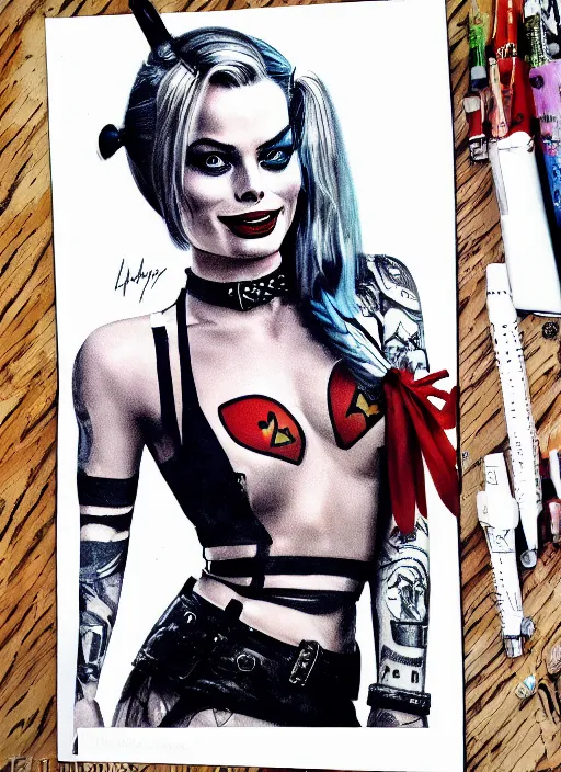 Image similar to tattoo design of margot robbie as harley quinn with a little smile, holding ace card, in the style of den yakovlev, realistic face, black and white, realism tattoo, hyper realistic, highly detailed