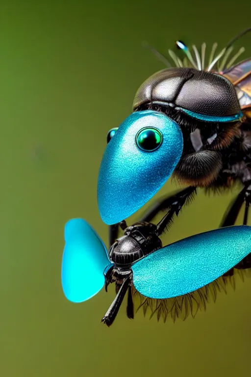 Image similar to high quality macro robot metallic tachinid fly! gorgeous highly detailed hannah yata elson peter cinematic turquoise lighting high quality low angle hd 8k sharp shallow depth of field