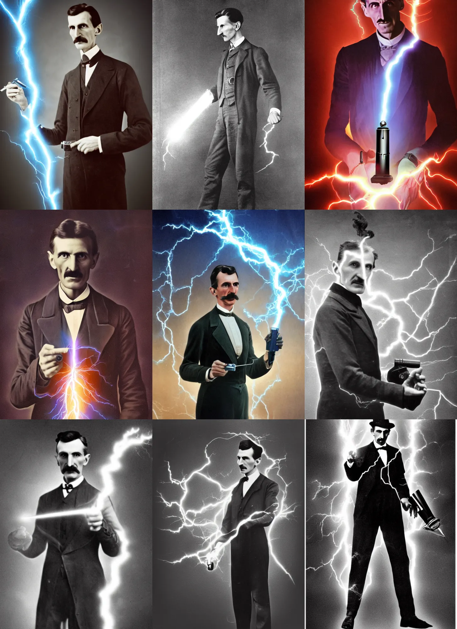 Prompt: color photograph of Nikola Tesla Nikola Tesla holding a futuristic tesla gun with lightning, futuristic, tesla coil, futuristic weapon, dynamic lightning, 4k, modern photograph, digital art