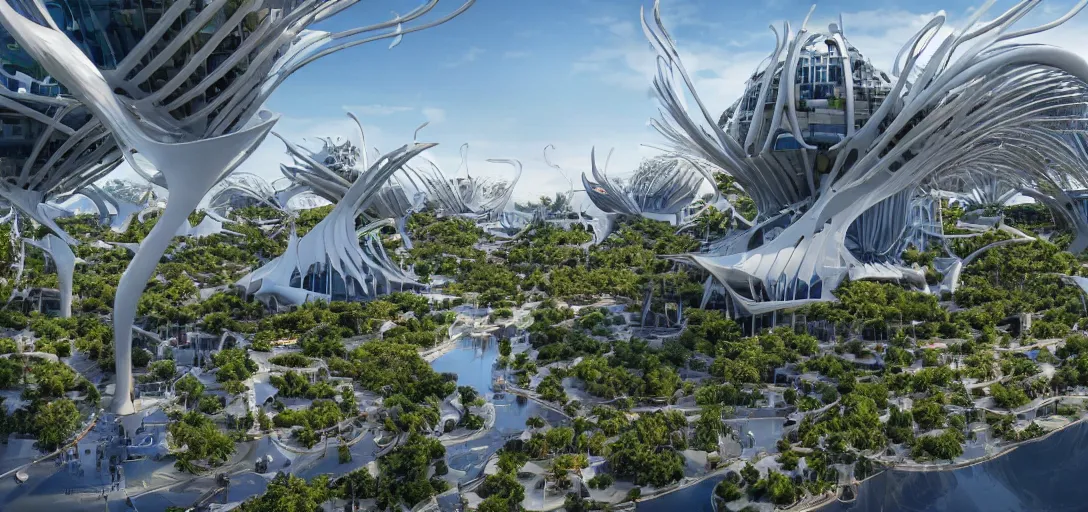 Prompt: highly detailed futuristic architecture by Antoni Gaudí and Santiago Calatrava, floating buildings, reflective lighting, empty streetscapes, lush alien vegetation, ground-level view, puddles of water, stunning sunny lighting, sunrise, vivid colors, in the style of pixar animation, trending on Artstation, 8k, matte painting, ray tracing, hyper detailed, unreal engine 5, cinematic, epic lighting, cryengine, octane render, cyberpunk, red and orange glow, vibrant