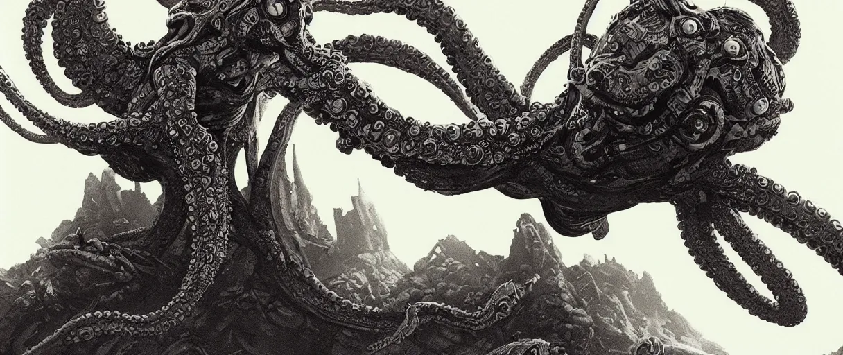 Prompt: detailed hyper realistic alien octopus demigod which looks deeply intimidating, menacing alien snake fighting giant spiders, floating island on a barren exoplanet, beautiful dramatic moody lighting, cinematic atmosphere, by Ralph McQuarrie| sparth:.2 | Tim white:.4 | Rodney Mathews:.2 | Graphic Novel, Visual Novel, Colored Pencil, Comic Book:.2