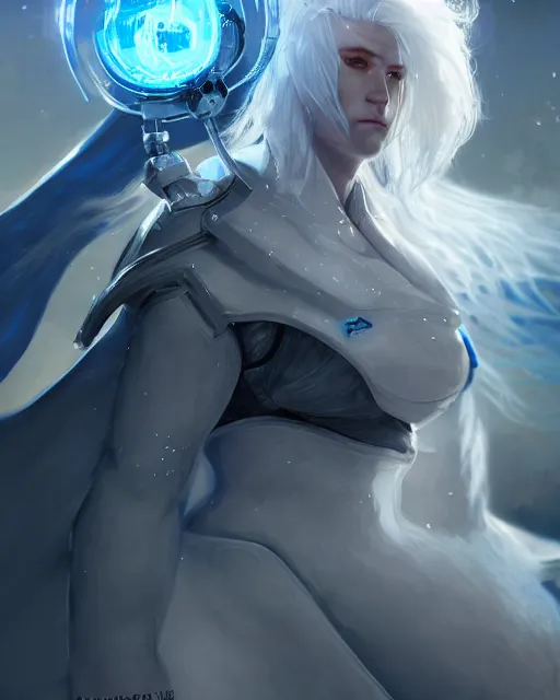 Image similar to obese white haired man, warframe armor, beautiful, pretty face, blue eyes, detailed, windy weather, scifi, platform, laboratory, experiment, 4 k, ultra realistic, epic lighting, high detail, masterpiece, by akihito tsukushi, charlie bowater, ross tran