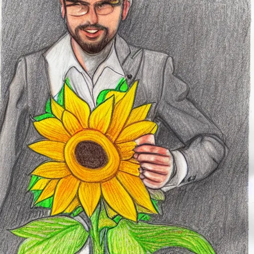 Image similar to full body shot of a man with a sunflower instead of a head wearing a business suit, color pencil sketch