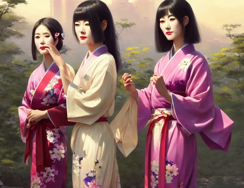 Image similar to two beautiful fashion taiwan girls wear elegant yukata in festival | | big eyes, sunny, realistic shaded, smile, good looking, fine details, 4 k realistic, cryengine, realistic shaded lighting poster by greg rutkowski, magali villeneuve, artgerm, jeremy lipkin and michael garmash and rob rey