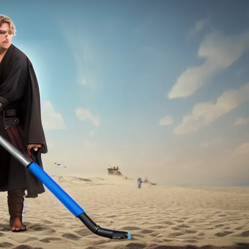 Image similar to anakin skywalker vacuuming the beach for sand, 4k, photorealistic,