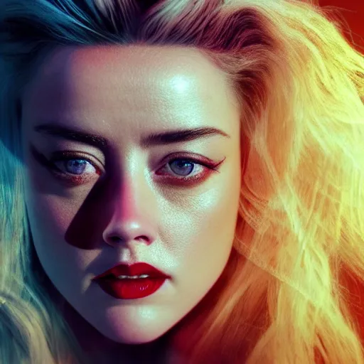 Prompt: amber heard dramatic self portrait, macro, colorful, vibrant, 30mm photography, gta artstyle, wide shot, dramatic lighting, octane render, hyperrealistic, high quality, highly detailed, artstation, HD, beautiful, cinematic, 8k, unreal engine, facial accuracy, symmetrical