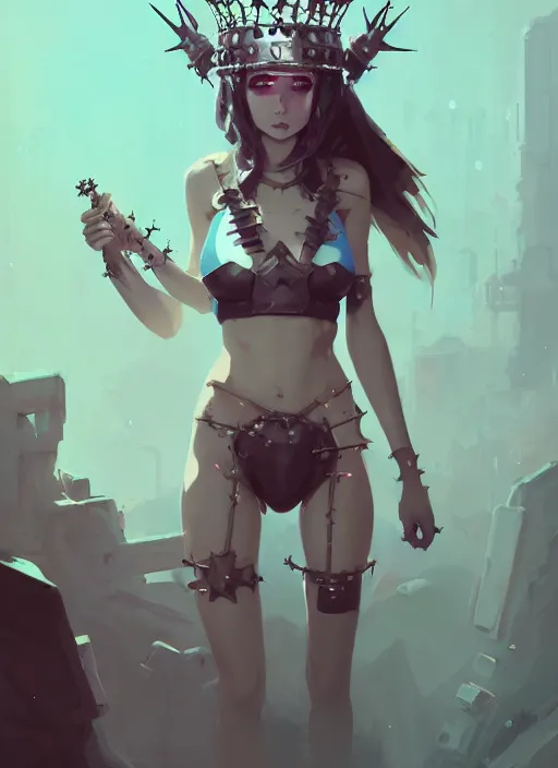 Image similar to portrait of cute maiden girl with crown of thorns in cyber bikini armor, warhammer, cyberpunk, by atey ghailan, by greg rutkowski, by greg tocchini, by james gilleard, by joe fenton, by kaethe butcher, dynamic lighting, gradient light blue, brown, blonde cream and white color in scheme, grunge aesthetic