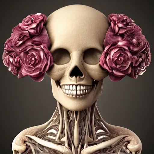 Prompt: beatifull frontal face portrait of a skull woman, 150 mm, anatomical, flesh, flowers, mandelbrot fractal, facial muscles, veins, arteries, symmetric, intricate, microscopic, elegant, highly detailed, ornate, ornament, sculpture, elegant , luxury, beautifully lit, ray trace, octane render in the style of peter Gric and alex grey