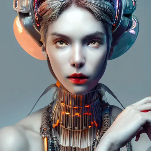 Image similar to the portrait of an absurdly beautiful, graceful, elegant, sophisticated, fashionable cyberpunk gravure idol, an ultrafine hyperdetailed illustration by kim jung gi, irakli nadar, intricate linework, bright colors, porcelain skin, unreal engine 5 highly rendered, artstation, global illumination, radiant light, detailed and intricate environment