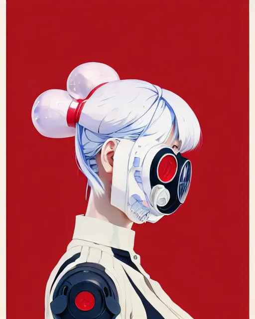 Image similar to white haired cyborg girl wearing a gas mask and red dress | | audrey plaza, fine detail!! anime!! realistic shaded lighting!! poster by ilya kuvshinov katsuhiro otomo ghost - in - the - shell, magali villeneuve, artgerm, jeremy lipkin and michael garmash and rob rey