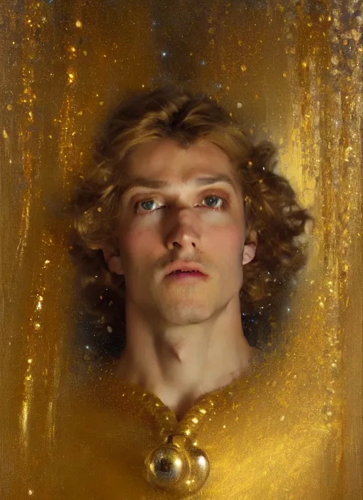 Image similar to portrait of a man dressed in a gold and silver costume, head shoot, art by alex heywood and gaston bussiere, albert lynch, fantasy art, reimagined by industrial light and magic, oil on canvas, hd