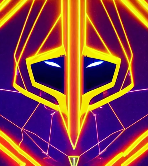 Image similar to symmetry!! yellow ranger, lightning - bolt - shaped eye - lense!!, hard edges, product render retro - futuristic poster scifi, thunderbolt and neon circuits, thunder strikes, intricate, elegant, highly detailed, digital painting, artstation, concept art, smooth, sharp focus, illustration, dreamlike, art by artgerm