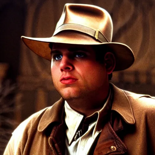 Image similar to Jonah Hill as indiana jones in raiders of the lost ark, 8k resolution, full HD, cinematic lighting, award winning, anatomically correct