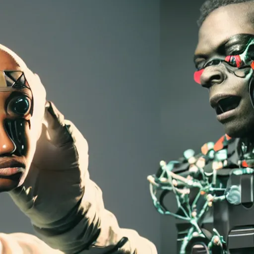 Image similar to a cinematic film still of rapper unotheactivist as a cybernetic cyborg, cgi, surrealism, film photography