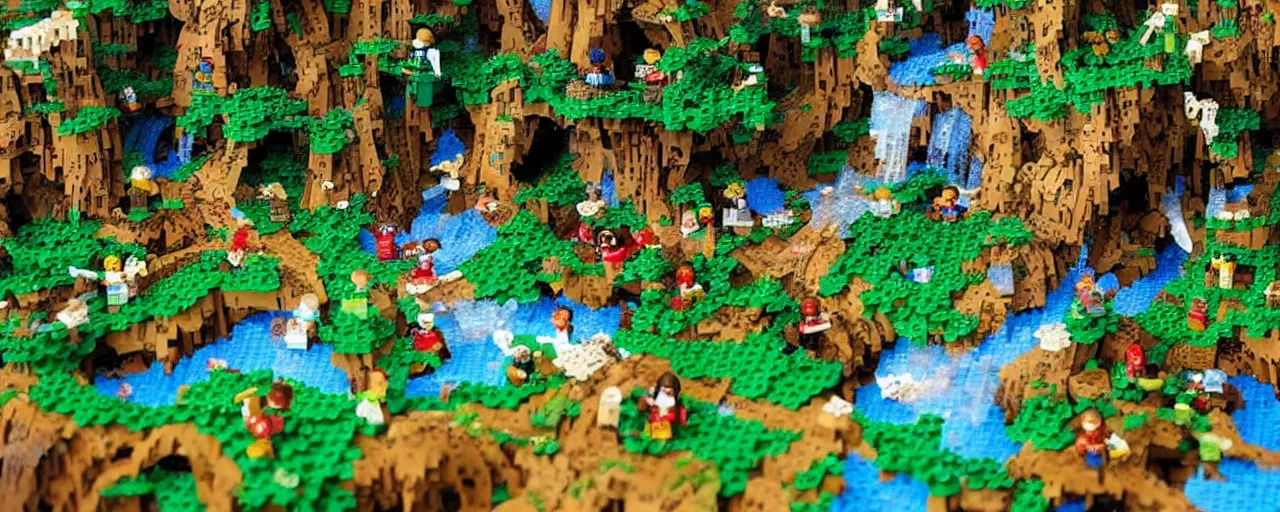 Image similar to Medieval beautiful enchanted landscape with trees, flourishing nature, lakes and waterfalls, made of LEGO, in the style of LEGO