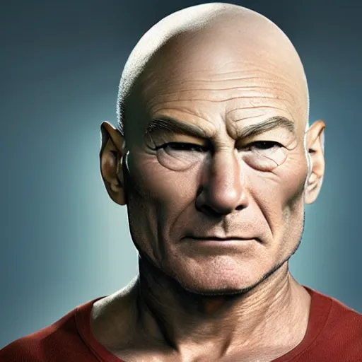 Image similar to a man who is a genetic combination of patrick stewart and jonathan frakes and levar burton and michael dorn and brent spiner, face and upper - body focus, detailed eyes