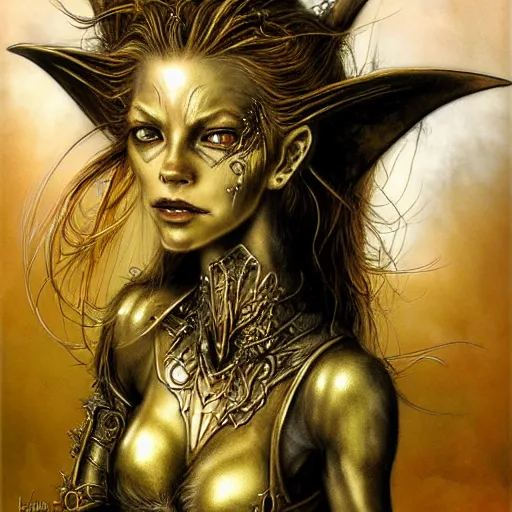 Prompt: portrait of ethereal young goblin princess in golden armour by Luis Royo