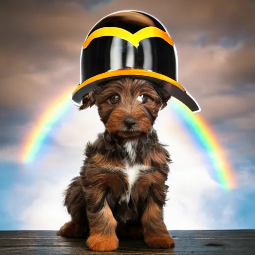 Image similar to highly detailed photograph of a light brown and black havanese puppy in a steampunk helmet riding a rocket ship over a rainbow