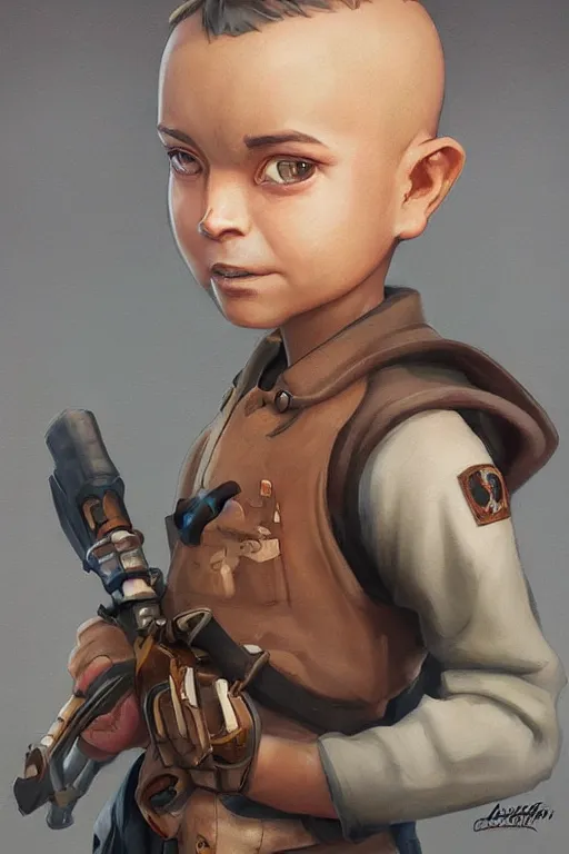 Image similar to beautiful highly detailed realistic stylized portrait of a small boy with a wooden sword, team fortress 2, fortnite, torchlight, heartstone, detailed character art, portrait, trending on artstation by artgerm, greg rutkowski, ghibli, yoshiyuki tomino