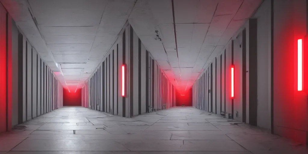 Prompt: a long angle shot of a big dark room with white lights on the celling and a long hallway at the end of the room with red lights on the celling, highly detailed, unreal engine, 4 k, dark, moody, foggy, game render, hyper realistic, ray tracing, path tracing, realistic lightning, black, gray