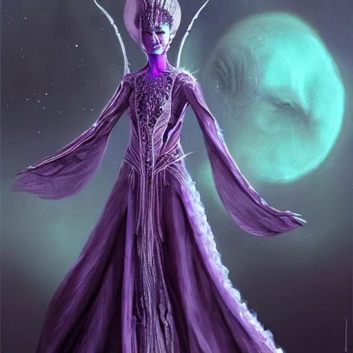 Image similar to alien princess, purple translucent skin!! royalty, white crown, intricate details, flowing gown, padme amidala, art station, sci fi concept art, 8k,