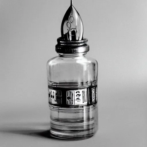 Image similar to A very detailed model rocketship in a bottle, launching, 35mm film grain, 50mm lens, lens flair