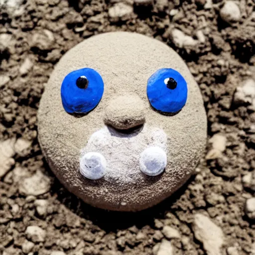 Image similar to photo of a small round creature made of dirt with round blue eyes and a round clown nose and a cute smile