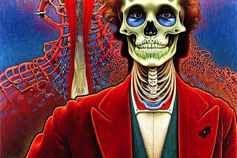 Prompt: realistic detailed closeup portrait painting of a single skeleton wearing red velvet blazer in a crowded futuristic moscow street by Jean Delville, Amano, Yves Tanguy, Alphonse Mucha, Ernst Haeckel, Edward Robert Hughes, Roger Dean, rich moody colours, blue eyes