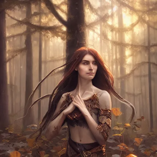 Image similar to portrait of a proud elf, her hair is copper, she is a wood elf, shade and sparkles, trees and leave are surrounding her, calm piece, masterpiece, oil on canvas, art by Greg Rutkowski and Karakter, trending on artstation, delicate, sharp focus, 4k, digital art