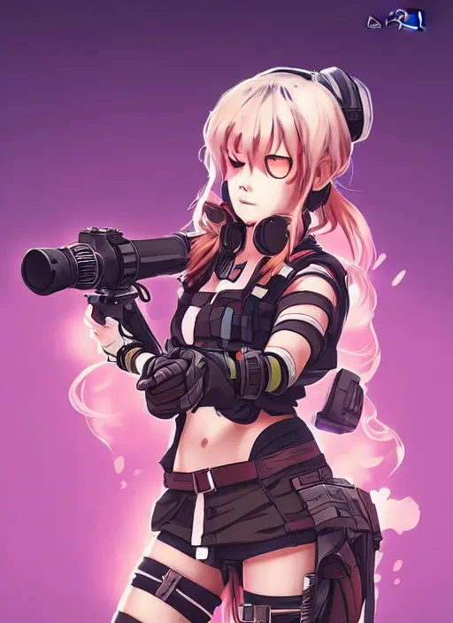 KREA - poster art of anime girl with cyberpunk style outfit, cute face,  pretty, Anime, posing with a gun by Valorant and Julia Yurtsev, Fierce  expression 4k, 8k, HDR, Trending on artstation