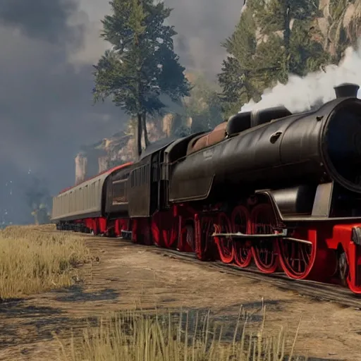 Image similar to futuristic sleek steam locomotive in red dead redemption 2