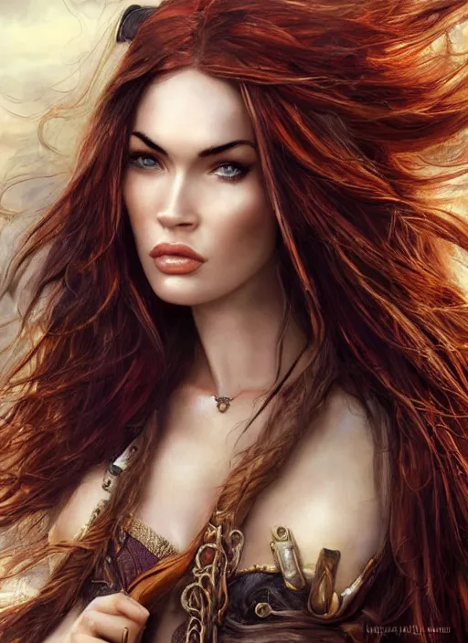 Image similar to megan fox pirate clothes, 8 k, sensual, hyperrealistic, hyperdetailed, beautiful face, long ginger hair windy, dark fantasy, fantasy portrait by laura sava