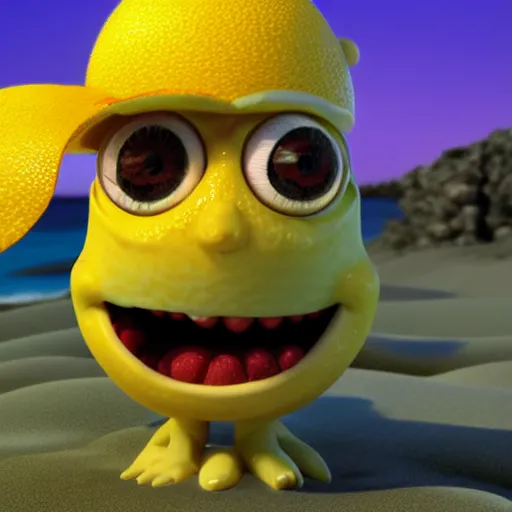 Image similar to 3 d octane render, of an anthropomorphic lemon character looks like monster from the movie وmonsters inc, with lemon skin texture, he is wearing a hat, building a sandcastle on the beach at sunset, beach, huge waves, sun, clouds, long violet and green trees, rim light, cinematic photography, professional, sand, sandcastle, volumetric lightening