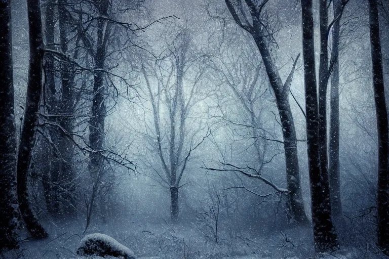 Prompt: an eerie, beautiful, forest, [ snowflakes ]!!, winter, [ frosty forest ], [ feeling cold ], [ snow ], the snow is falling down, [ winds blowing ], [ distant thunder ], [ stormy background ], [ sunset ]!!, digital painting, realistic [ rendered in 4 k ]