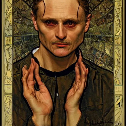 Image similar to hannibal lector, in the style of donato giancola, and in the style of vanessa lemmen, and in the style of alphonse mucha. symmetry, smooth, sharp focus, semi - realism, intricate detail.