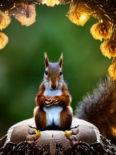 Prompt: a squirrel as king arthur, extremely plump, wearing crown of acorns and dandelions, servant squirrels, king arthur's court, game of thrones, sitting on throne, extreme wide shot, low angle, crown, crown, crown, palace, fantasy art, cinematic lighting, realistic, sony 2 4 mm f 8. 0