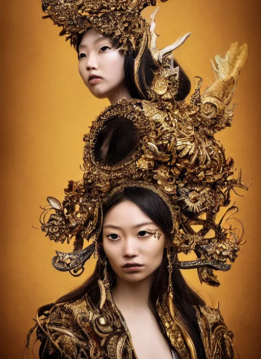 Prompt: a portrait of pan - asian female by stefan geselle and nekro borja, photorealistic, intricate details, hyper realistic, fantasy, elegant, baroque gold headpiece, photorealistic, canon r 3, photography, wide shot, symmetrical features, symmetrical pose, wide angle shot, head to toe, standing pose, feet on the ground, wearable art