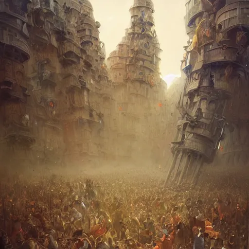 Image similar to hundreds of humans climbing on each other creating incredible surrealistic towers, highly detailed, digital painting, matte, sharp focus, art by wlop, greg rutkowski, alphonse mucha, frank frzetta, boris vallejo, bouguereau, beksinski, cinematic, octane render