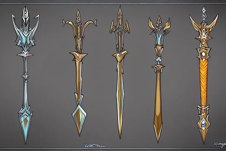 Image similar to design sheet of various magic fantasy weapons, varied colors