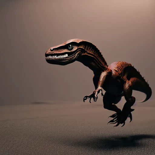 Image similar to a velociraptor driving a motorbike, photorealistic 3 d octane render, unreal engine